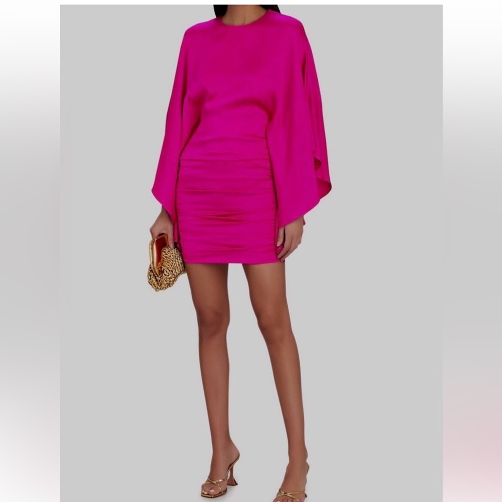 Jonathan Simkhai Fuchsia Kadence Bell-Sleeve Ruched Satin Mini Dress Sz 4